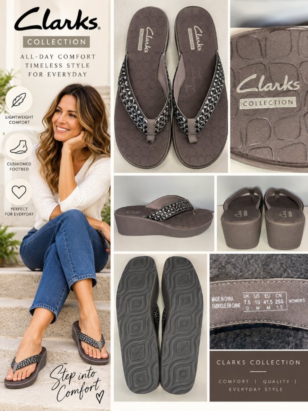 Edit Clarks Collection Brown Metallic Wedge Flip Flop Sandals Women’s Size 10M